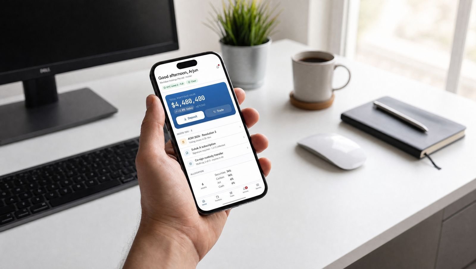 A hand holding a phone showing the ChainForge app: portfolio value, pending approvals and asset allocation